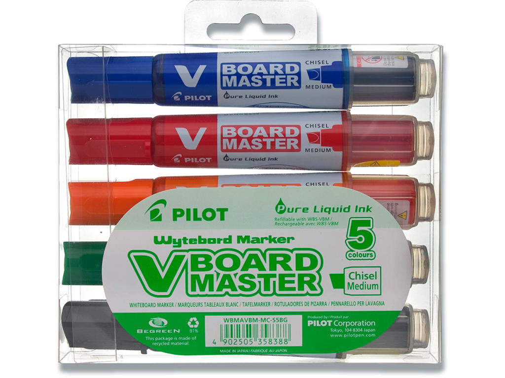Whiteboard marker, Skrå spids, 5 farver, 2-6 mm, Pilot V Board Master WBMA-VBM-MC-S5-BG