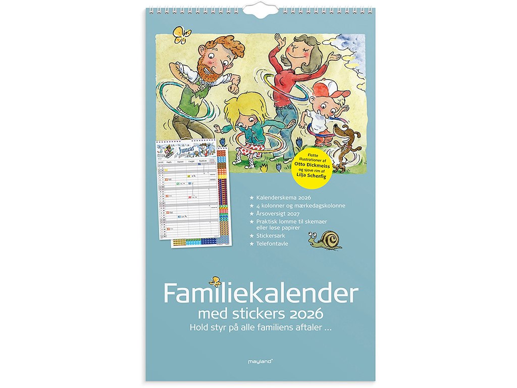 Familiekalender, 2026, Otto Dickmeiss & Lilja Scherfig, 4 personer+mærkedage, 1 måned pr. opslag, Mayland