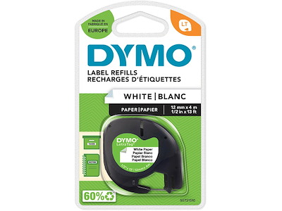 Labeltape, 12mm x 4m, Sort på Hvid, 1 rulle, Dymo LetraTag Papir