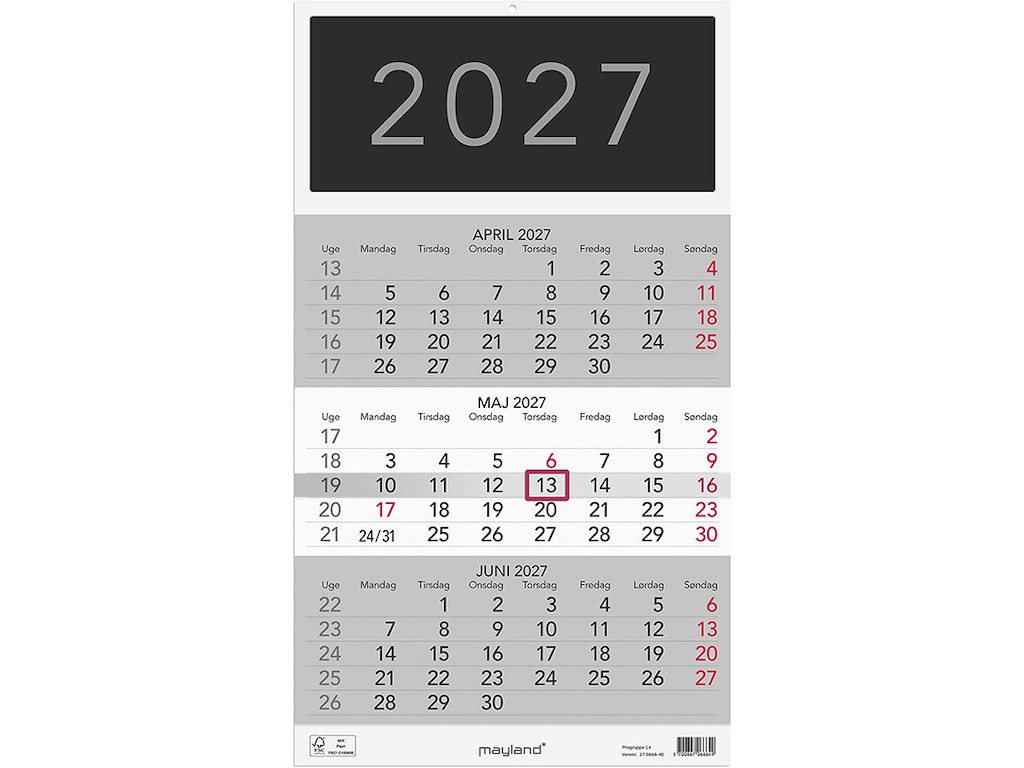 Vægkalender, 2027, Triplanner, 3 måneder pr. opslag, Mayland