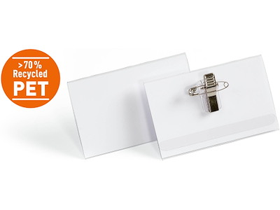 Navneskilt, Med klemme og sikkerhedsnål, 54x90 mm, 50 stk, Durable