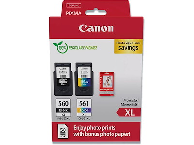 Blækpatroner, 2 stk, Sort: 400 sider Farver: 300 sider, 4 farver, Canon PG-560XL og CL-561XL