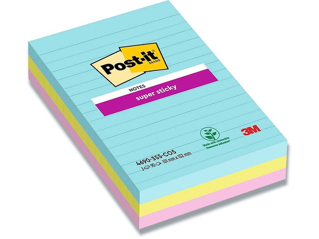 Memonotes, 101x152 mm, Assorteret Cosmic, 3 blokke, Post-it Super Sticky Linjeret