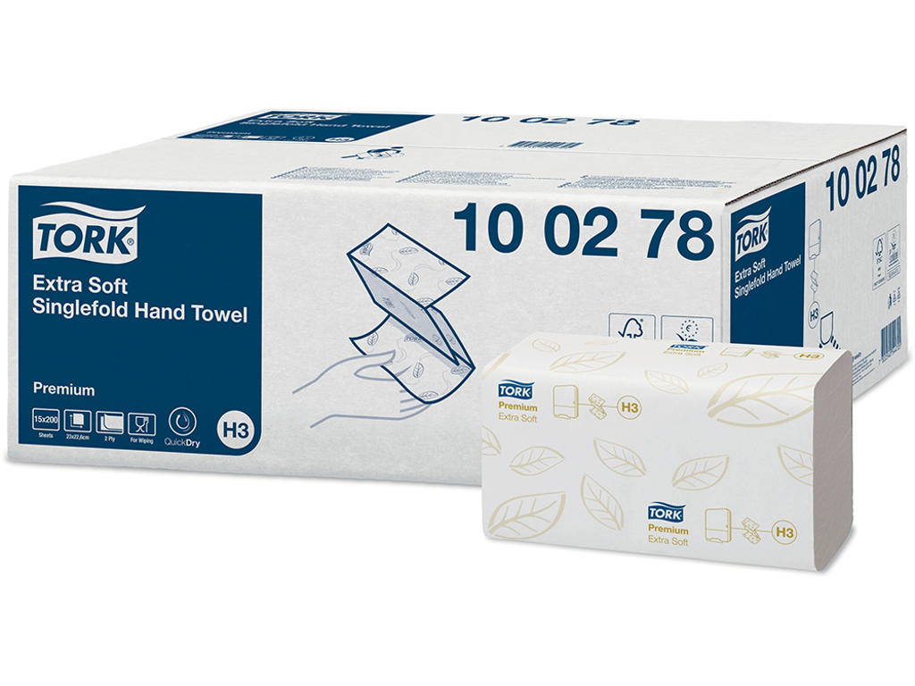 Håndklædeark, 2 lag, Singelfold, 3000 ark, Tork Premium H3