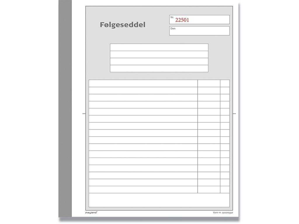 Følgeseddel, Med talkolonne, 16 linjer, 3x50 blade, Mayland 