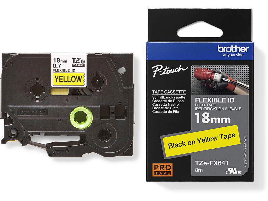 Labeltape, 18mm x 8m, Sort på Gul, 1 rulle, Brother P-Touch TZe-FX641