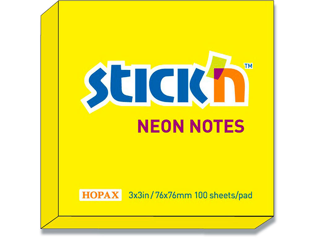 Memonotes, 76x76 mm, Neon gul, 1 blok, Stick'n 