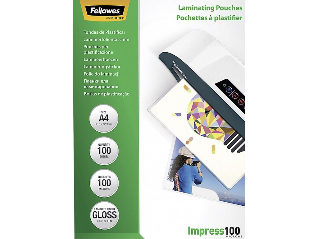 Lamineringslommer, A4, 100 micron, 100 stk, Fellowes Gloss