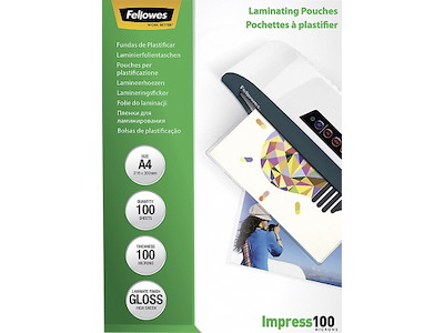 Lamineringslommer, A4, 100 micron, 100 stk, Fellowes Gloss
