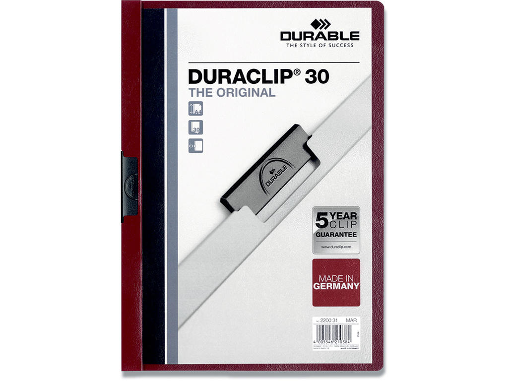 Klemmappe, 30 ark, Mørk rød, Transparent forside, Durable DURACLIP 30