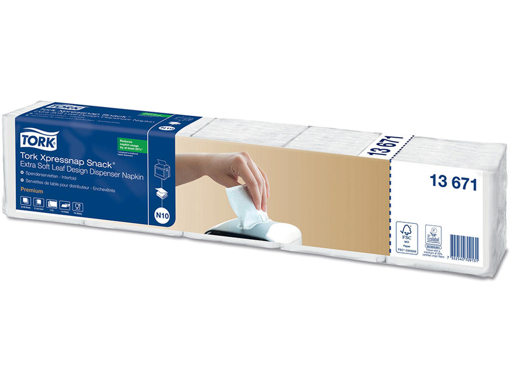 Dispenserservietter, 2 lag, Hvid, 21.3x21.4 cm, 4000 stk, Tork Xpressnap Snack N10