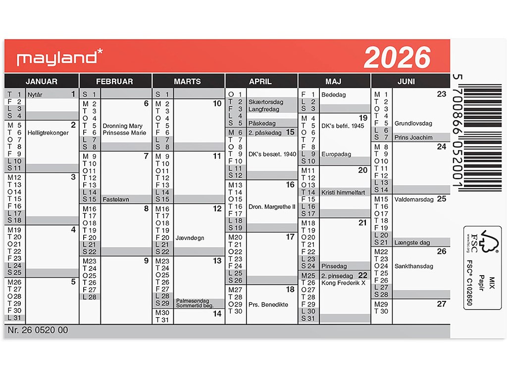 Vægkalender, 2026, Mini, 6 måneder pr. side, Mayland