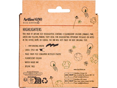 Tekstmarker, Permanent, Assorteret, 4 stk, Artline ECO-GREEN 690