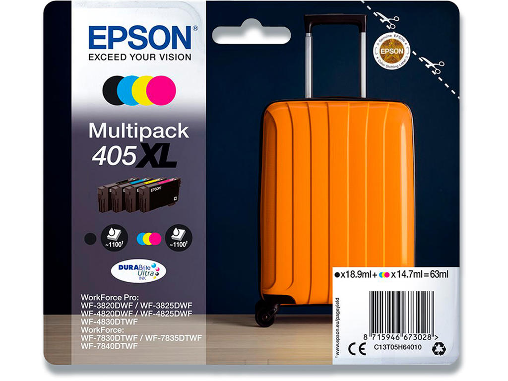 Blækpatroner, 4 stk, Sort: 1.100 sider Farver: 1.100 sider, 4 farver, Epson T405