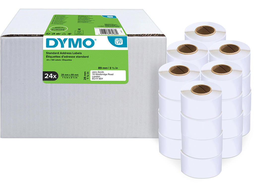 Labeletiketter, Adresse, 28x89 mm, 24 ruller af 130 etiketter, Dymo LabelWriter 99010-13188