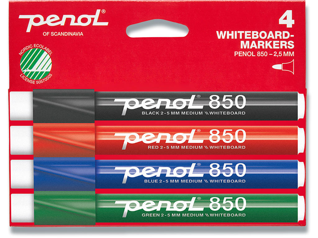 Whiteboard marker, Skrå spids, Sort Rød Blå Grøn, 2-5 mm, Penol 850