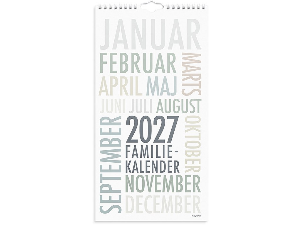 Familiekalender, 2027, Trendart, 6 personer, 1 måned pr. opslag, Mayland