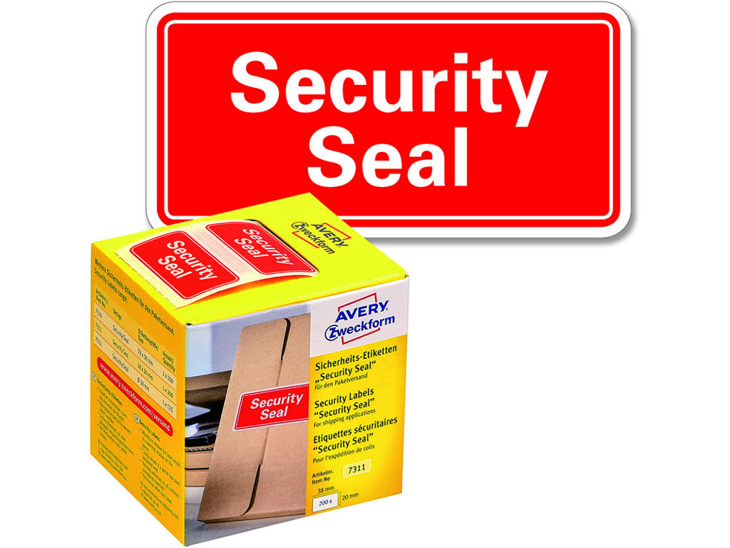 Etiketter, 38x20 mm, Rød og hvid, 200 etiketter i alt, Avery ''Security Seal'' NoPEEL