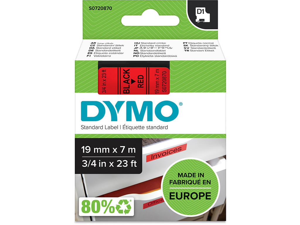 Labeltape, 19mm x 7m, Sort på Rød, 1 rulle, Dymo D1 45807