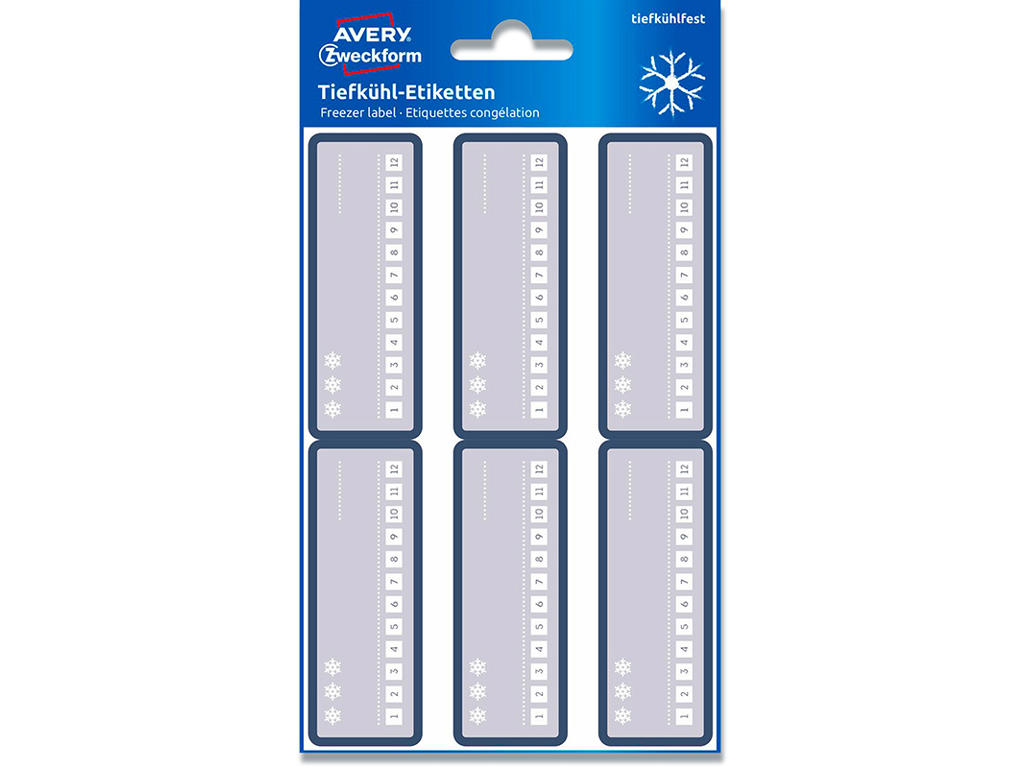 Etiketter, 26x73 mm, Grå med farvet ramme og datoangivelse, 24 etiketter i alt, Avery Design Dybfrost
