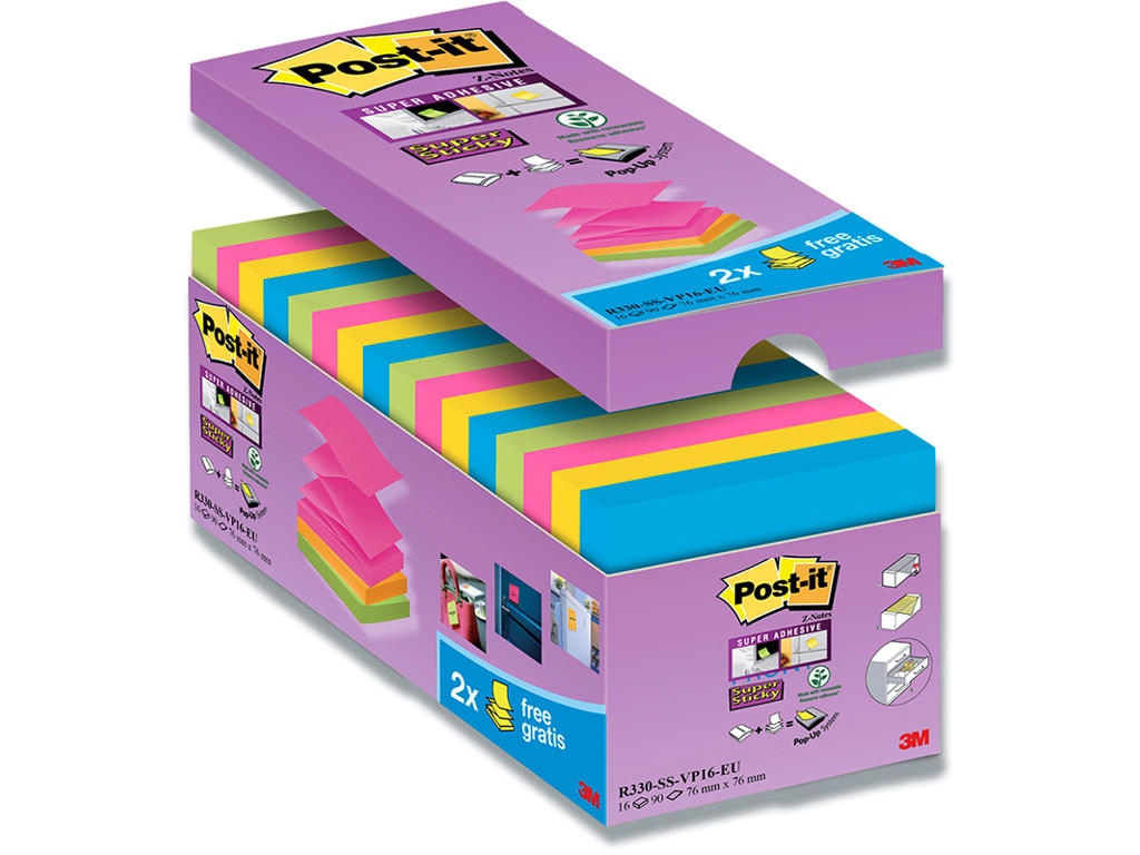 Memonotes, 76x76 mm, Assorteret, 16 blokke, Post-it Super Sticky Z-notes R330SSVP