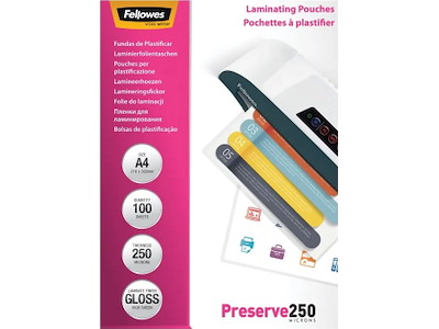 Lamineringslommer, A4, 216x303 mm, 250 micron, Fellowes Gloss
