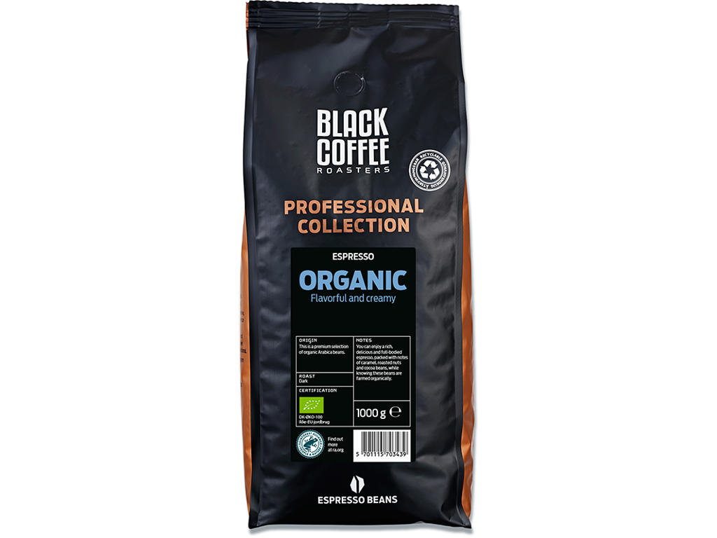 Kaffe, Hele bønner, Espresso, 1000 g, 1 pose, BKI Black Coffee Roasters Organic RFA