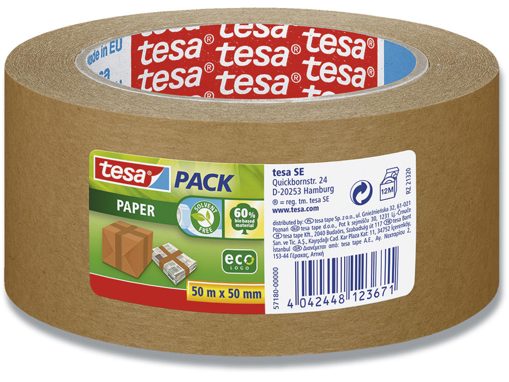 Tape - emballage, 50mm x 50m, Brun, 1 rulle, Tesa ecoLogo 57180