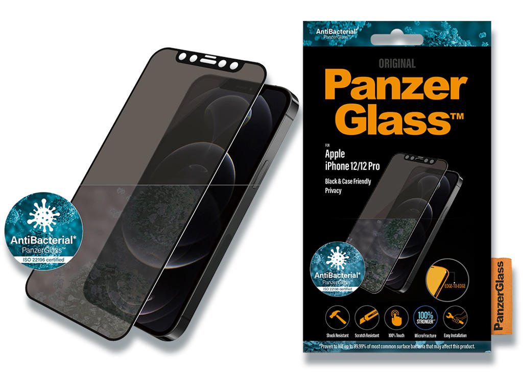 Skærmbeskyttelse, iPhone 12/iPhone 12 Pro, Sort, 1 stk, PanzerGlass Antibacterial Case Friendly Privacy