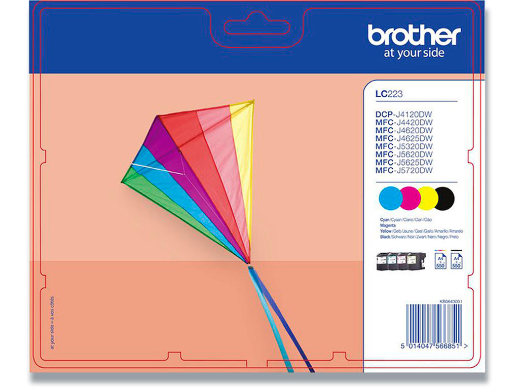 Blækpatroner, 4 stk, 550 sider, 4 farver, Brother LC223VALBPDR