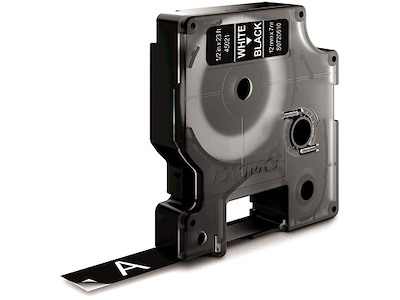 Labeltape, 12mm x 7m, Hvid på Sort, 1 rulle, Dymo D1 45021