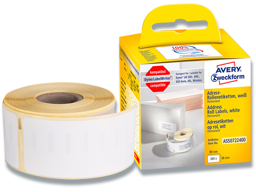 Labeletiketter, Adresse, 36x89 mm, 1 rulle af 260 etiketter, Avery 99012