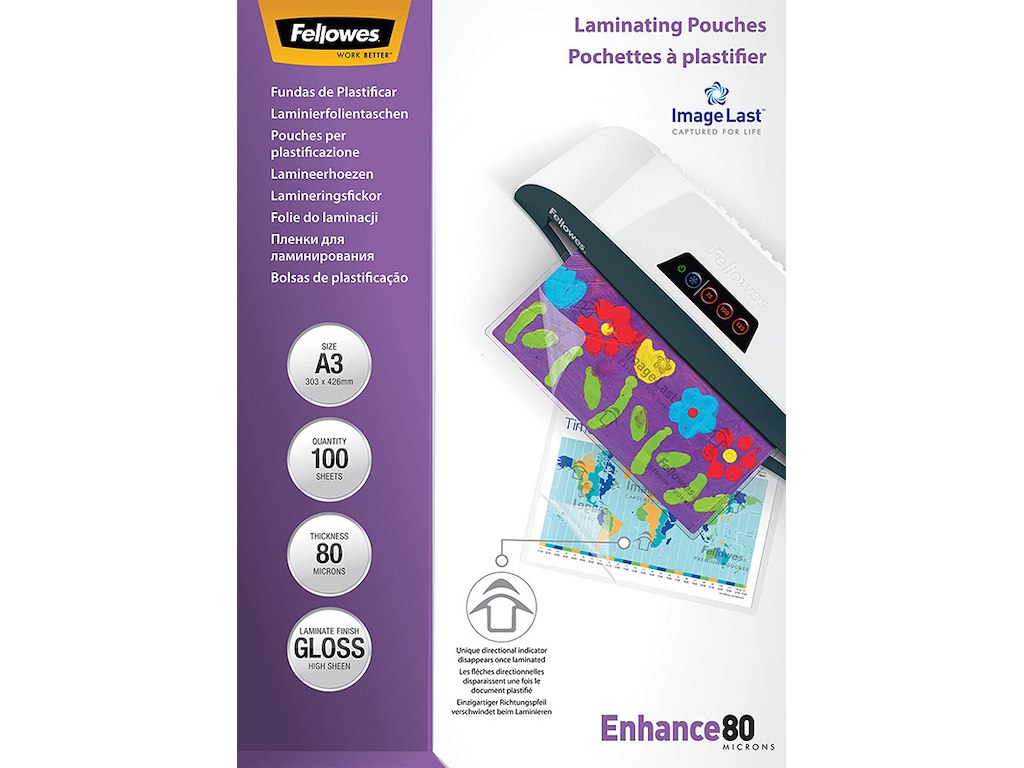Lamineringslommer, A3, 80 micron, 100 stk, Fellowes Gloss