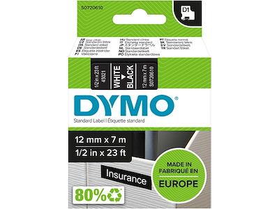 Labeltape, 12mm x 7m, Hvid på Sort, 1 rulle, Dymo D1 45021