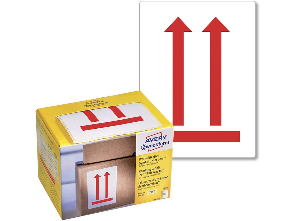 Etiketter, 100x74 mm, Rød og hvid, 200 etiketter i alt, Avery ''Denne side op'' 