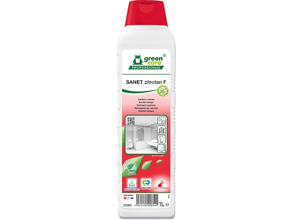 Sanitetsrengøring, Sur/kalkhæmmende, Uden farve, Uden parfume, 1 liter. Green Care Sanet Zitrotan F