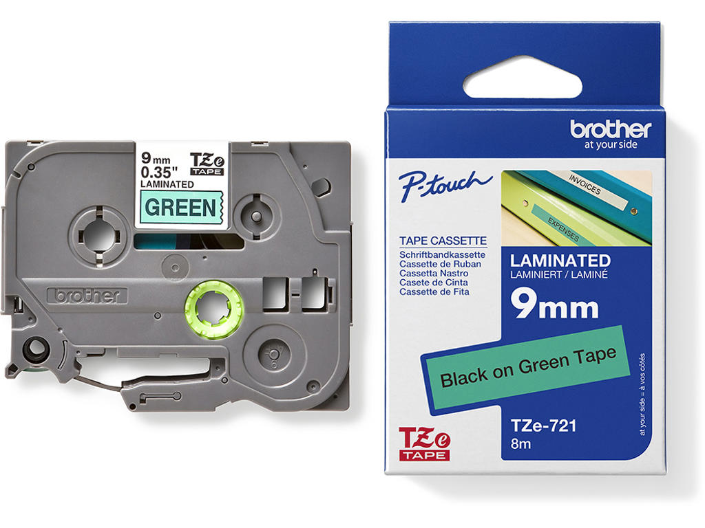 Labeltape, 9mm x 8m, Sort på Grøn, 1 rulle, Brother P-Touch TZe-721
