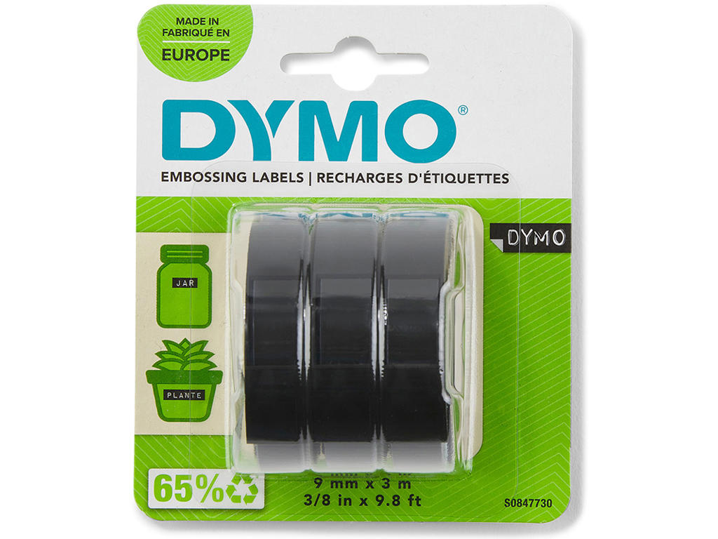 Prægetape, 9mm x 3m, Sort, 3 ruller, Dymo 3D 