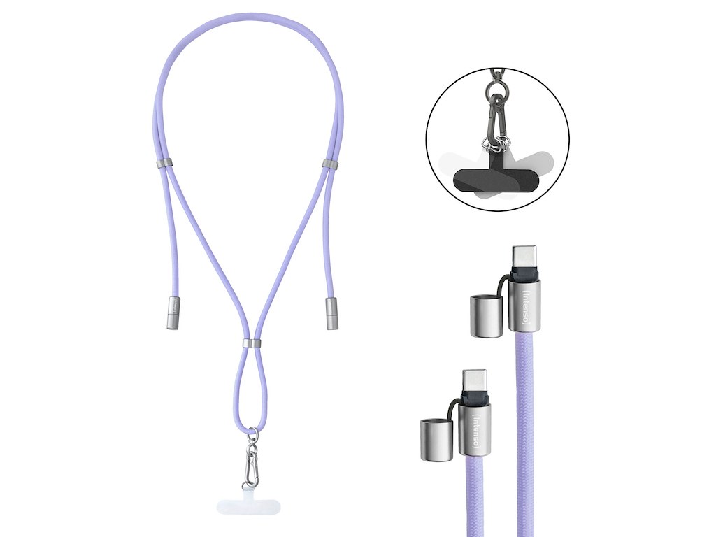 Intenso USB-C Charging Lanyard – Phone Necklace Cable, 60W Fast Charging, Adjustable Length, 1.65 m Nylon, USB-C to USB-C, purple