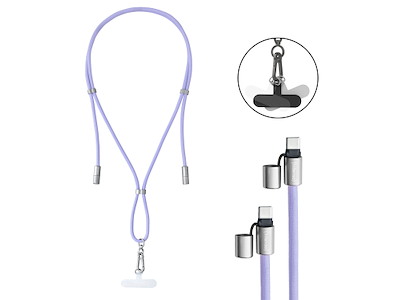 Intenso USB-C Charging Lanyard – Phone Necklace Cable, 60W Fast Charging, Adjustable Length, 1.65 m Nylon, USB-C to USB-C, purple