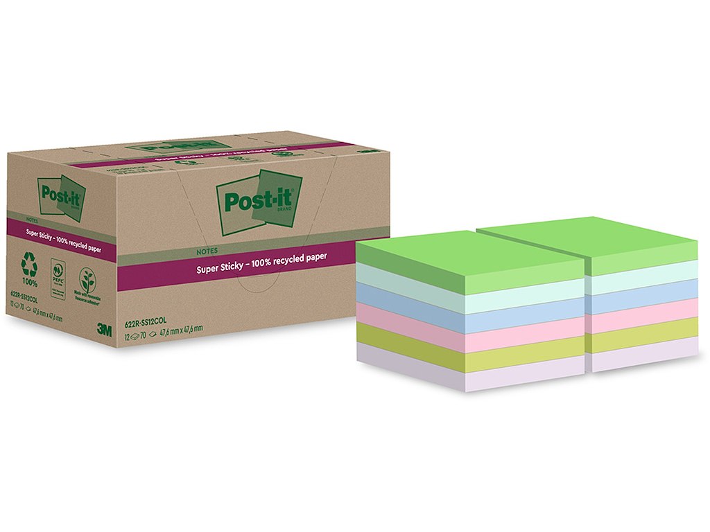 Memonotes, 47.6x47.6 mm, Assorteret, 12 blokke, Post-it Super Sticky Recycled