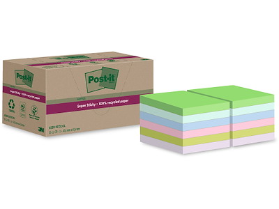 Memonotes, 47.6x47.6 mm, Assorteret, 12 blokke, Post-it Super Sticky Recycled