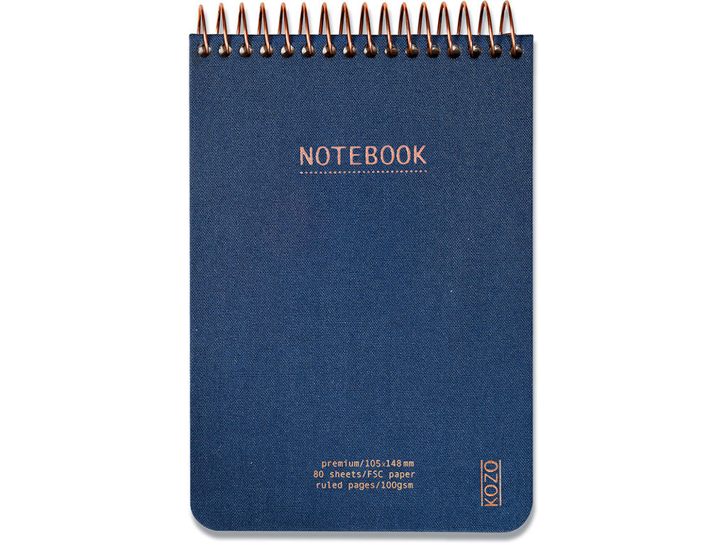 Notesblok, A6, Linjeret, Navy, Kozo Premium
