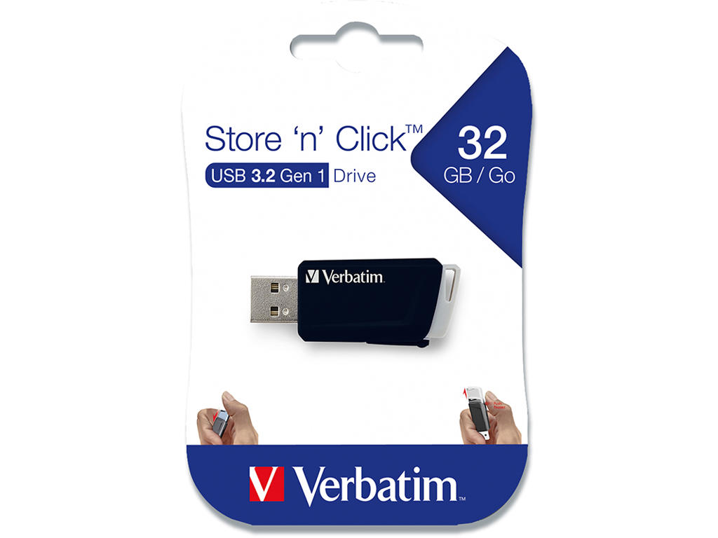USB nøgle, USB 3.2, 32 GB, Sort, Verbatim Store 'N' Click 