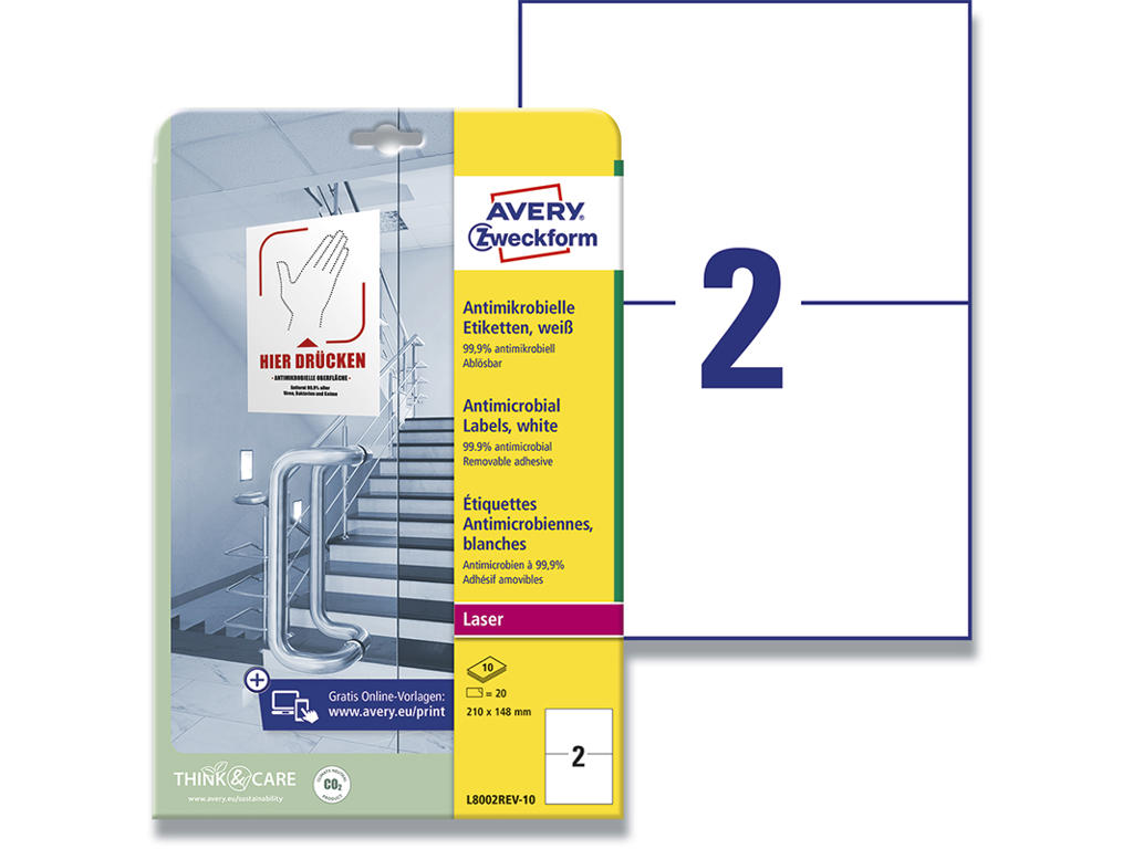 Etiketter, 210x148 mm, Hvid, 20 etiketter i alt, Avery Antimikrobielle
