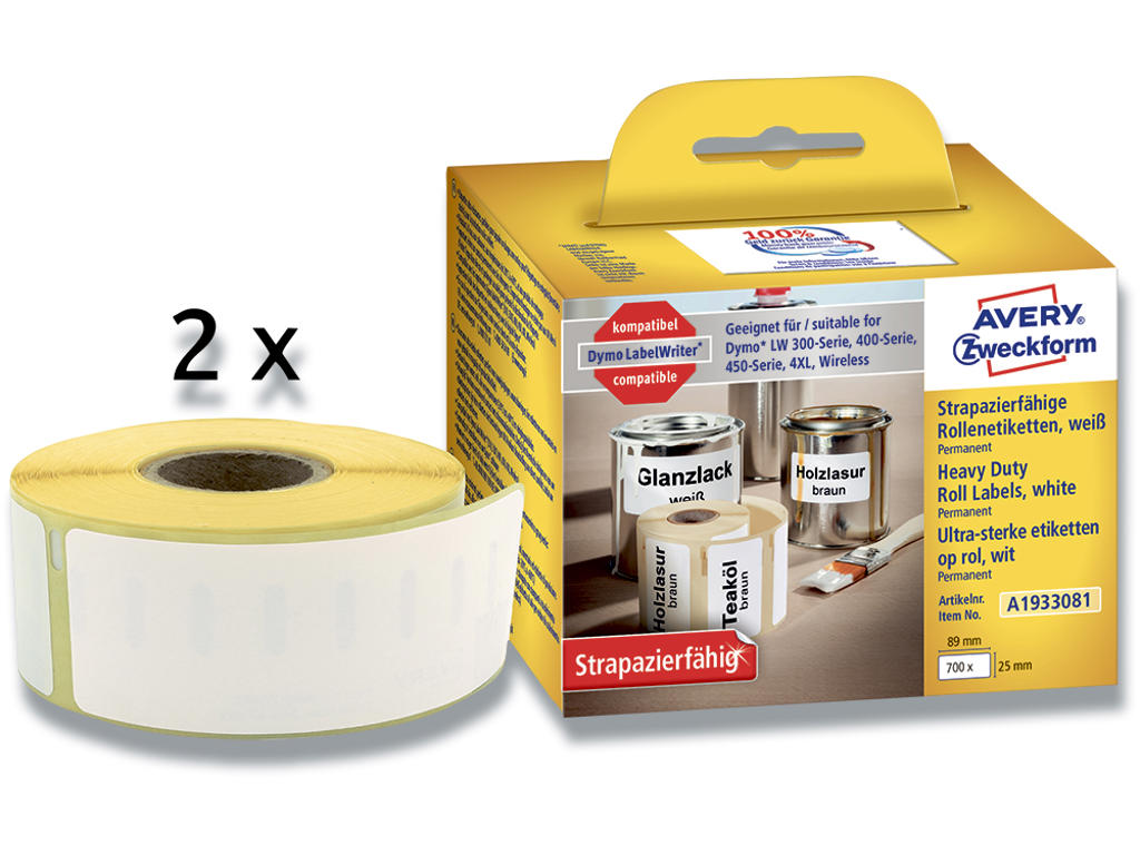 Labeletiketter, Holdbare og modstandsdygtige, 25x89 mm, 2 ruller af 350 etiketter, Avery Direct Thermal 1933081