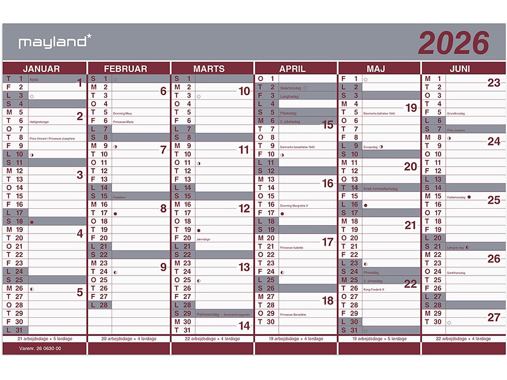 Vægkalender, 2026, Dobbelt, 6 måneder pr. side, Mayland