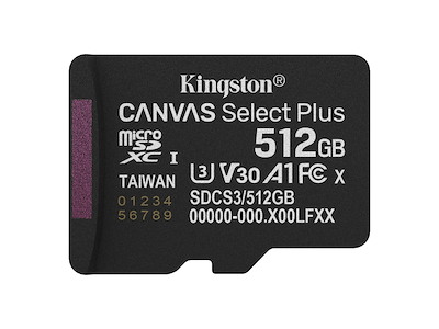 Kingston Technology 512 GB micSDXC Canvas Select Plus Gen3 150R A1, enkelt pakke uden ADP