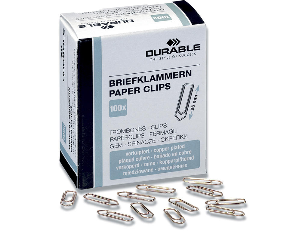 Papirclips, 26 mm, Kobber, 100 stk, Durable 