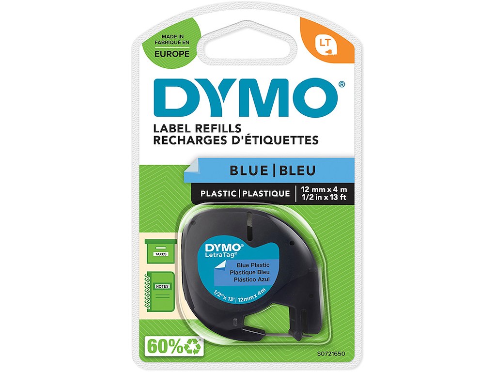 Labeltape, 12mm x 4m, Sort på Blå, 1 rulle, Dymo LetraTag Plast
